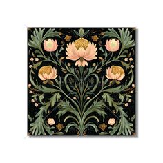 an intricately designed wallpaper with pink flowers and green leaves on black, white background