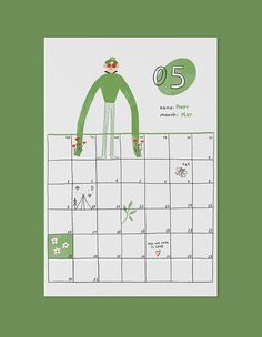 a green and white calendar with an image of a person in a green sweater on it