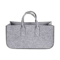 a gray felt bag with handles on the front and bottom, sitting against a white background