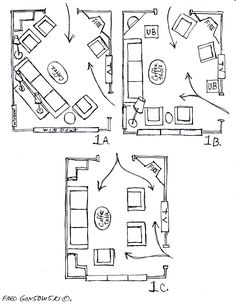 the floor plan for a living room with two separate rooms and one bedroom on each side