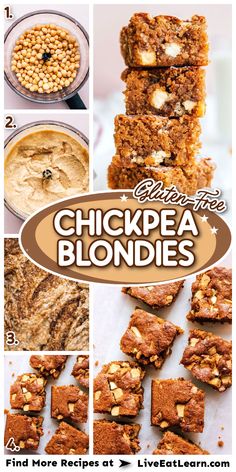 Image of the baked chickpea blondies. Text reads: gluten-free chickpea blondies, Find more recipes at Liveeatlearn.com Chickpea Fudge, Chickpea Blondies, Blondie Recipe, Blondies Recipe, Chickpea Recipes, Vegetarian Recipes Easy, Protein Pack, Easy Vegetarian, Gluten Free Desserts