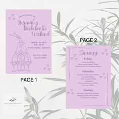 the wedding program is displayed in purple