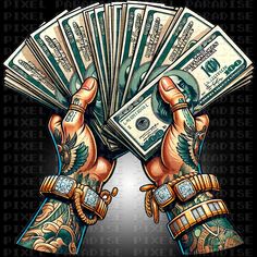 two hands holding money in front of a black background