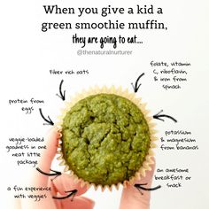 a hand holding a green muffin with the words when you give a kid a green smoothie muffin, they are going to eat