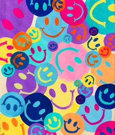 an abstract painting with lots of different colored smiley faces on the bottom half of it