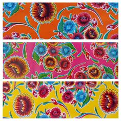 three different images of colorful fabric with flowers on them