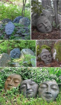 several different faces made out of rocks in the woods