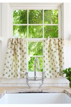 a kitchen sink under a window next to a potted plant and green leaves on the windowsill