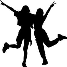 two women are jumping in the air with their arms outstretched and legs spread out, silhouetted against a white background