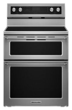 an oven and microwave combination in stainless steel with the door open to show it's two