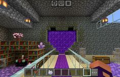 an image of a room with purple carpeting and bookshelves in the background