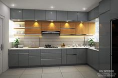 an image of a kitchen setting with grey cabinets and white counter tops, lights above the stove