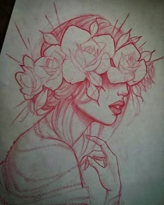 a drawing of a woman with flowers in her hair