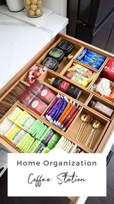 an organized coffee station in the kitchen with text overlay that reads home organization coffee station