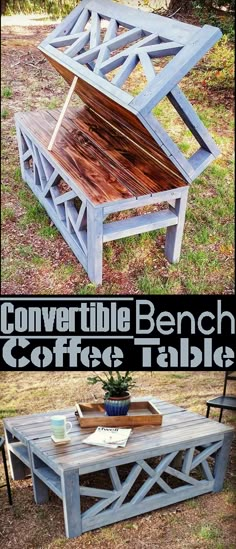 an outdoor coffee table made out of old pallets and wooden planks with text overlay