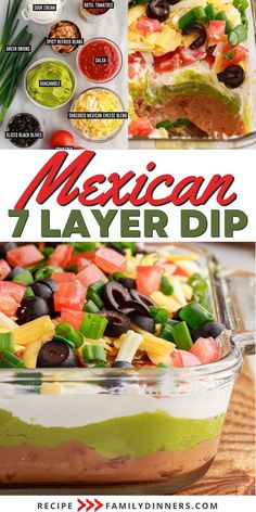 mexican layer dip recipe in a casserole dish with the title text above it