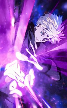 an anime character with white hair and blue eyes is in the middle of purple light