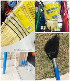 there are pictures of cleaning supplies and brooms on the ground in different stages of being cleaned