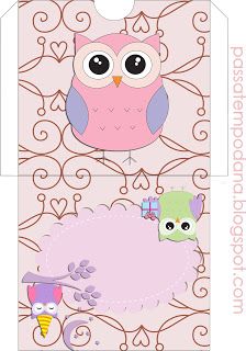 an open box with a pink owl and green bird on the front, sitting on a scrolled background