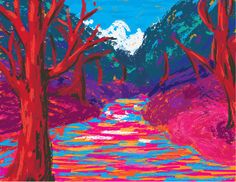 a painting of a river surrounded by trees