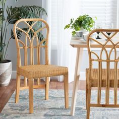 two chairs sitting next to each other in front of a table and potted plant