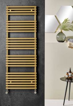 an image of a bathroom scene with focus on the radiator and towel rack