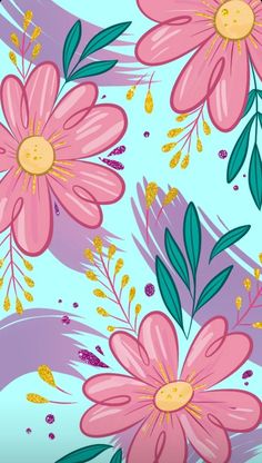 pink flowers and green leaves on a blue background