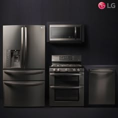 an image of a kitchen setting with stainless steel appliance and stove, refrigerator, microwave, dishwasher and oven