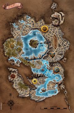 a map with many different things on the ground and water in it's center