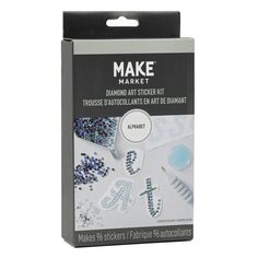 the make market diamond art sticker kit is packaged in a white package with blue and silver glitters