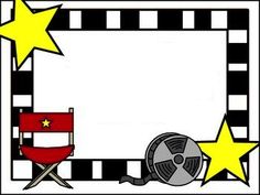 a film strip with stars and a reel on the side, next to a movie clapper