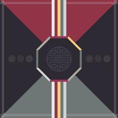 an art deco poster with geometric shapes and lines in red, yellow and grey colors