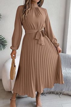 Elegant Stand-collar Long-sleeve Waisted Tie-up Pleated Midi Dress Plain Dress, Maxi Robes, Pleated Maxi Dress, Pleated Maxi, Khaki Dress, Pleated Midi Dress, Daily Dress, Small Dress, Outfit Casual