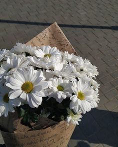 a bunch of white daisies in a brown paper bag on the ground near a brick walkway