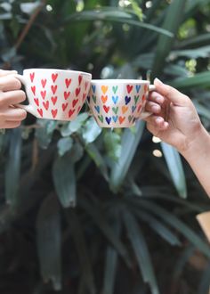 two people holding up colorful cups with hearts on them in front of some plants and greenery