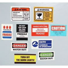 several stickers on the side of a refrigerator saying warning, don't drink, watch out and do not lighten