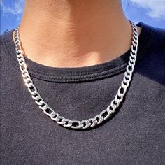 Brand New 18k White Gold Men's Figaro Chain Necklace Like A Musical Piece, The Figaro Chain Has A Definite Tempo - Three Short Links Followed By One Longer One. Fashioned In Warm 18k White Gold, This 7.5mm Wide Chain Features A Bright Polished Shine, Perfect For Every Day Wear. The Style Measures 22 Inches In Length And Secures With A Lobster Claw Clasp. Details: Length 22" Width 7.5mm Authentic 18k White Gold Plated Sterling Silver Retail Price $300 Buy With Confidence From A Trusted Seller Wit Mens Figaro Chain, Necklace Guys, Chain Necklace Outfit, Figaro Chain Men, Figaro Necklace, Edgy Jewelry, Figaro Chain Necklace, Gold Chains For Men, Mens Jewelry Necklace