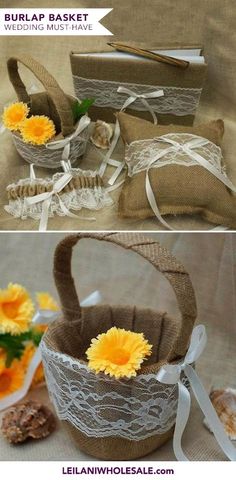 two baskets with yellow flowers in them are sitting on a table and one has white lace