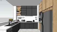 this is a drawing of a kitchen with black appliances and white counter tops, as well as wood cabinets