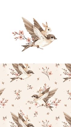 two birds are flying in the air with pink flowers on them and one bird has its wings