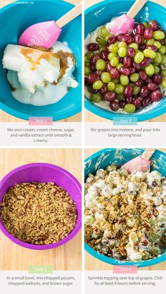 four pictures showing how to make an ice cream sundae with grapes and granola