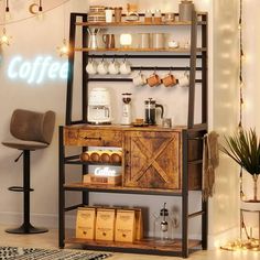 a coffee bar with shelves and lights on the wall in a room decorated for christmas