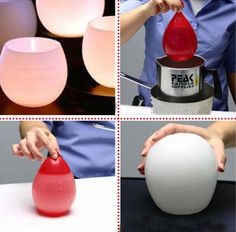 four different pictures show the process of making an egg lamp