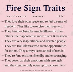 a pink poster with the words fire sign tricks