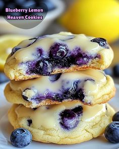 three blueberry lemon heaven cookies stacked on top of each other