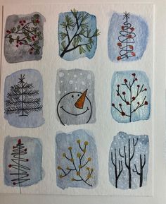 an art project with watercolors on paper depicting trees and snowman's faces