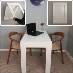 a white table with two chairs and a laptop on it