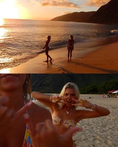 two women are standing on the beach and one is holding her hands up in front of her face