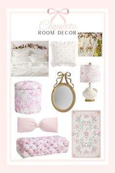 pink and white bedroom decor with flowers on the bed, lamp, mirror, lampshade