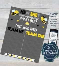 a bee party sign with the words, he or she? and honeybees